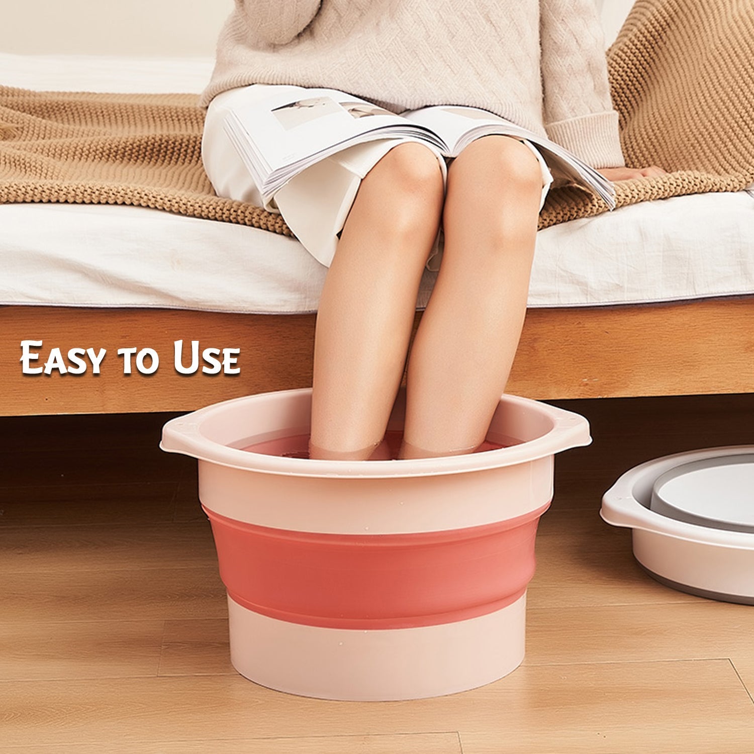 Folding tub for space-saving storage and foot spa use Folding tub for space-saving storage and foot spa use